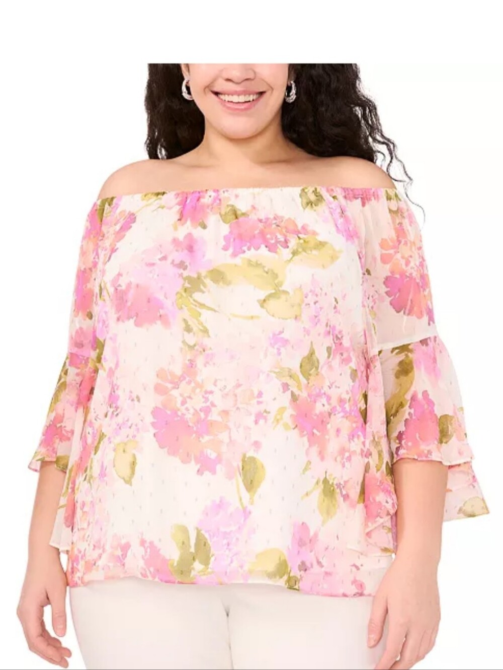 NWT MSK Women Floral Chiffon Tiered Bell Sleeve Blouse Top 1X Pink Romantic Boho